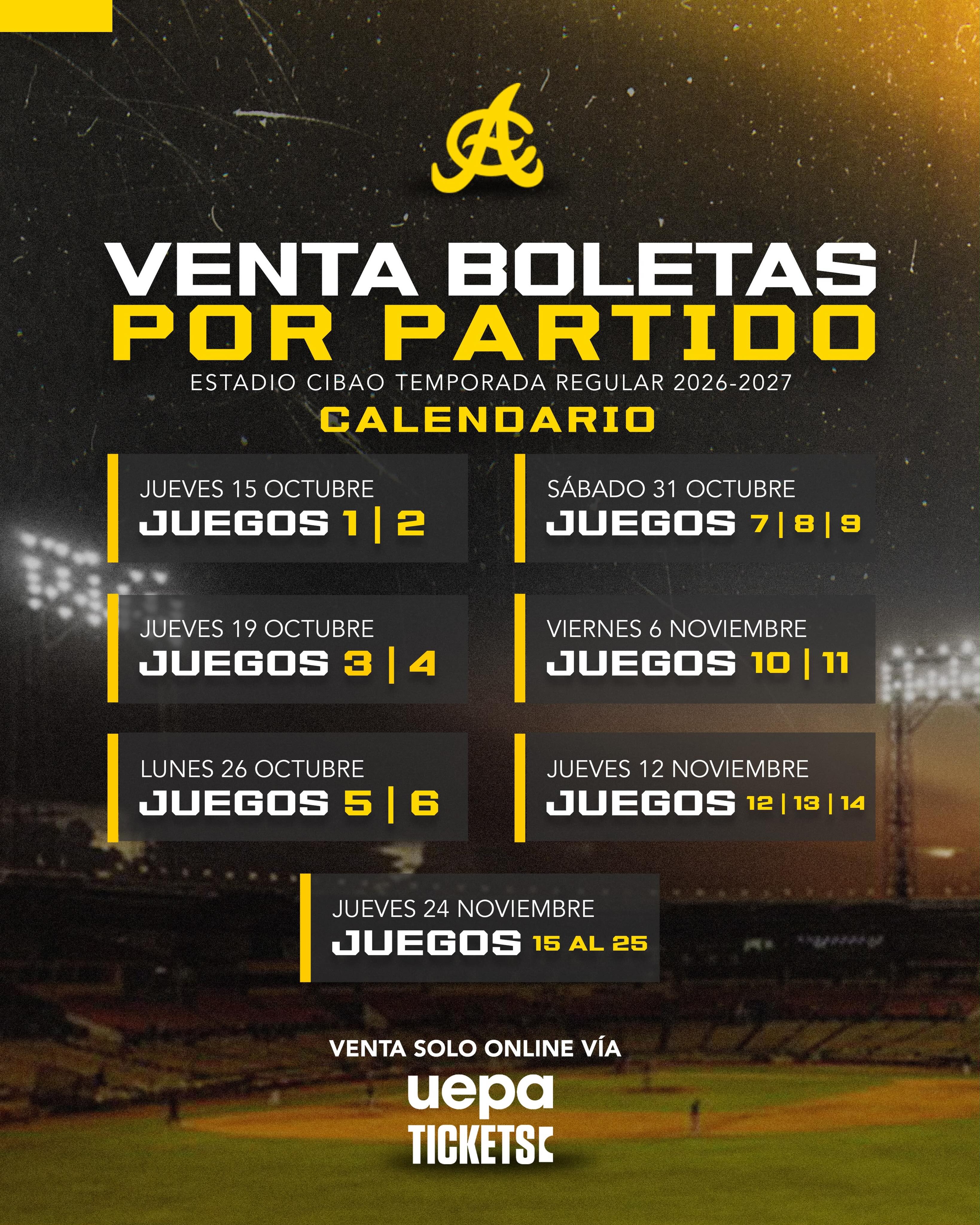 Fechas para la venta en línea de las boletas en el Estadio Cibao a través de aguilas.uepatickets.com