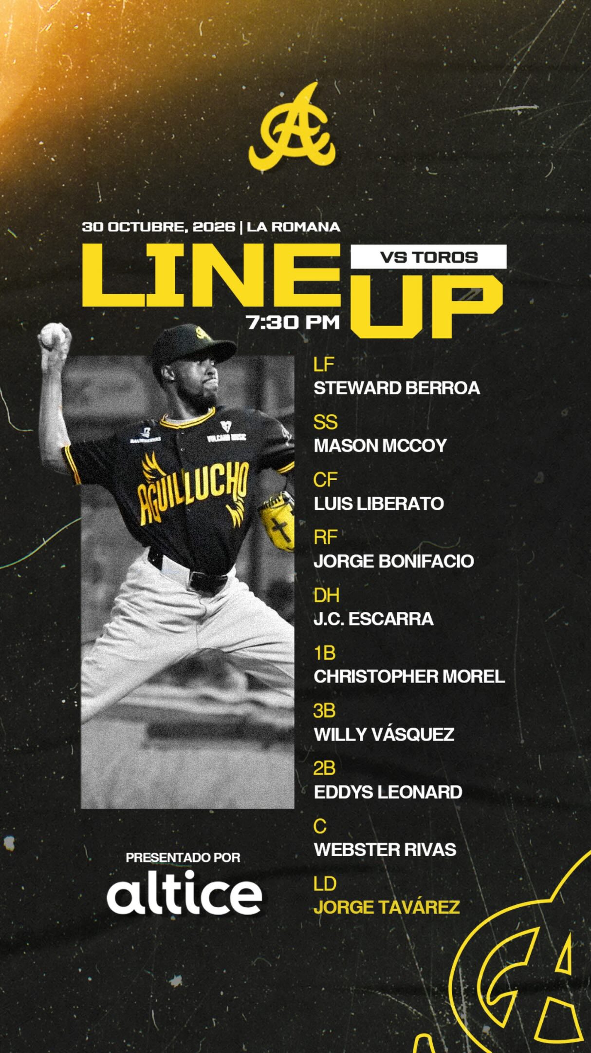 Nuestra alineación esta noche en La Romana frente a los Toros.