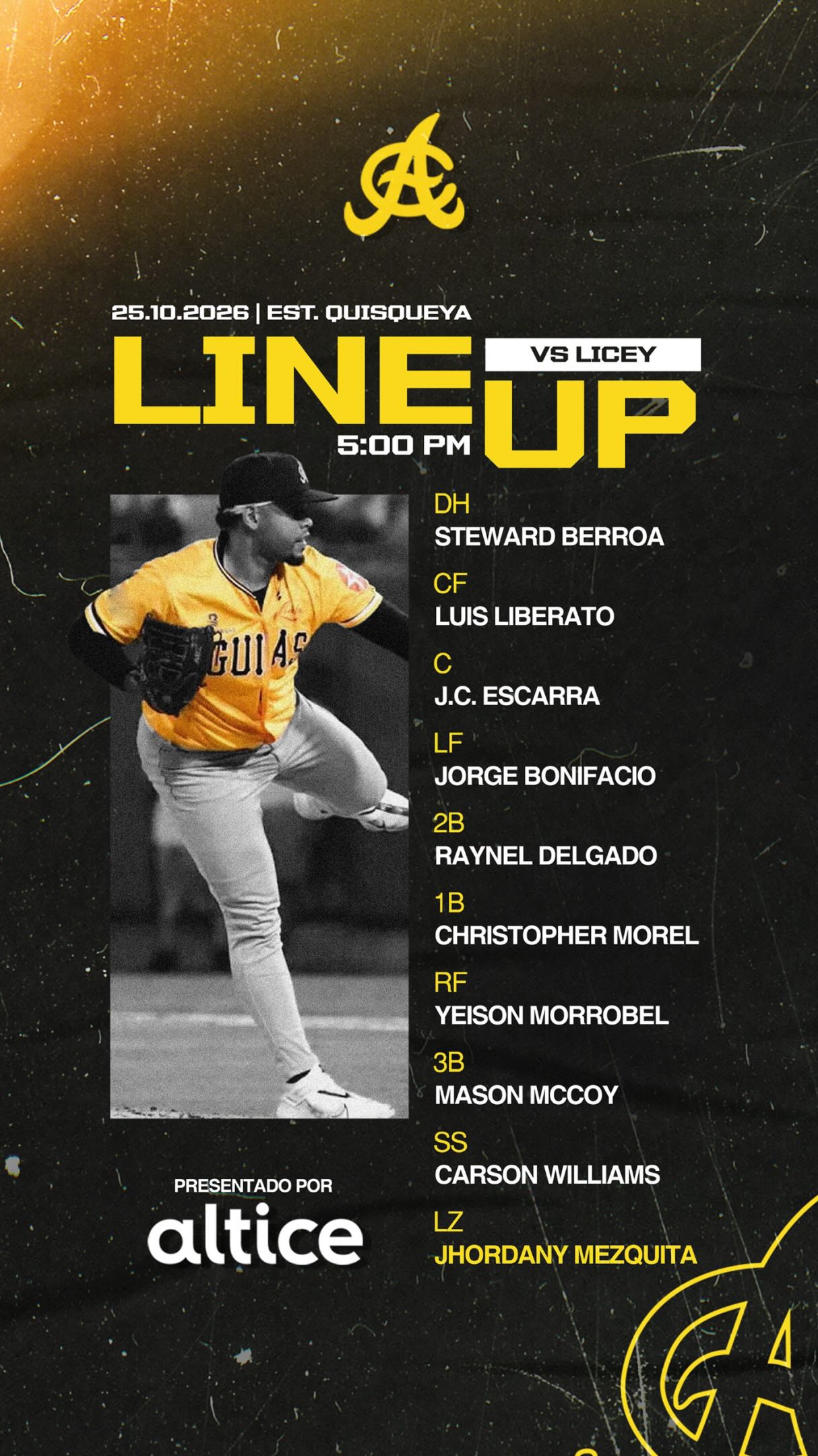 Nuestra alineación 🦅 frente a los Tigres esta tarde en el estadio Quisqueya Juan Marichal. 🏟️