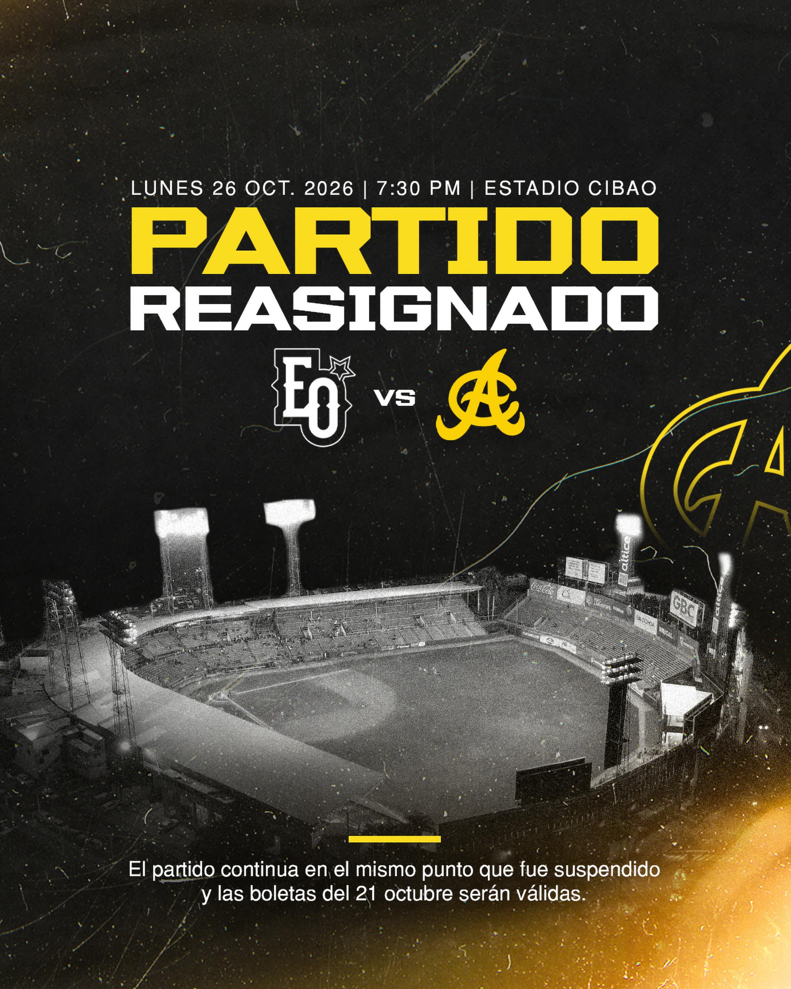 🚨 ¡PARTIDO REASIGNADO! ⚾

El partido frente a las Estrellas Orientales, suspendido el pasado miércoles 21 de octubre, ha sido reasignado para este lunes 26 de octubre, a las 7:30 p. m.

🎟️ ¡Tus boletas siguen siendo válidas! Si adquiriste entradas para el encuentro original, podrás utilizarlas en la nueva fecha.
